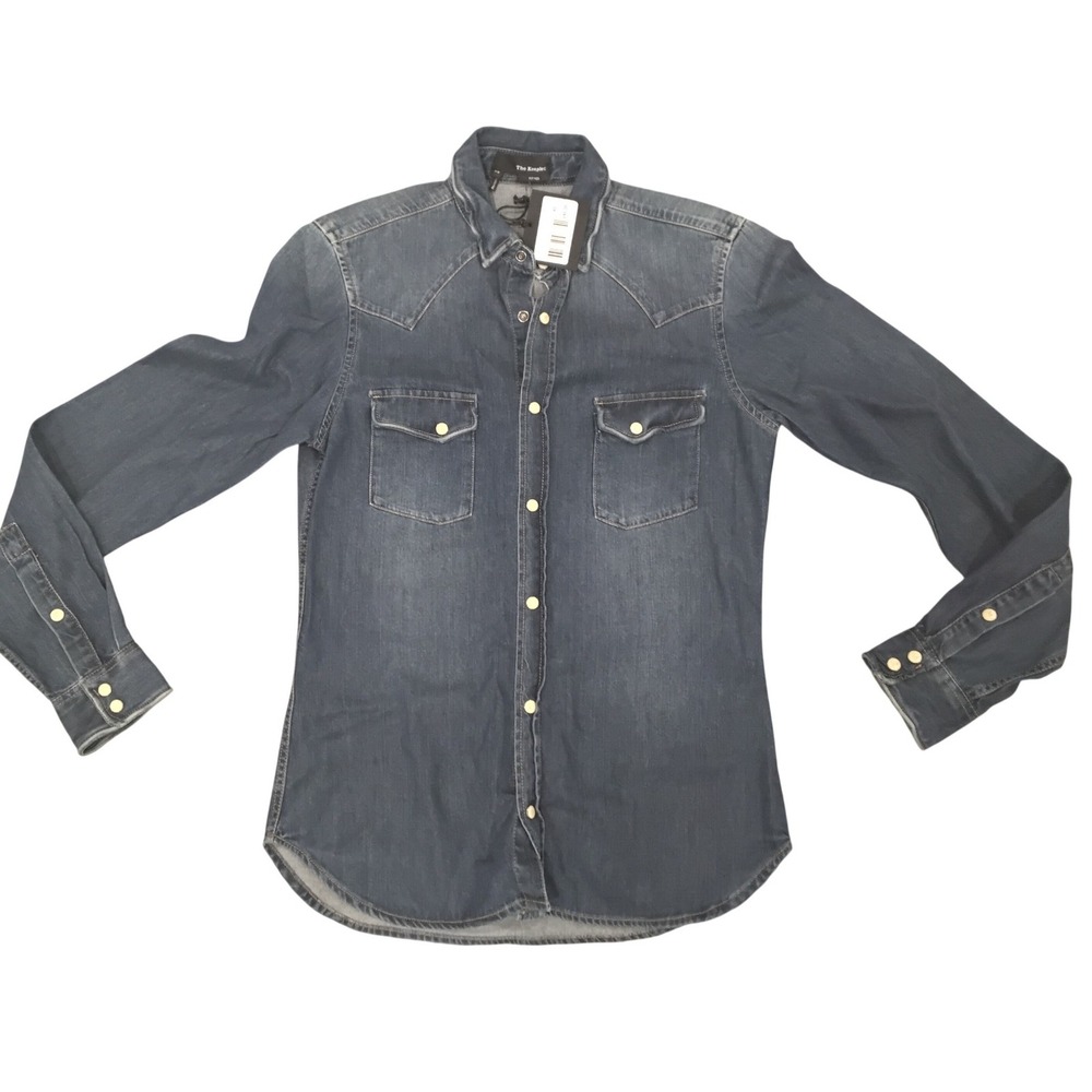 The Kooples Mens Western Denim‎ Washed Fitted Snap Button Shirt Blue XS New